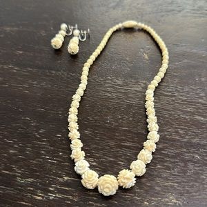 Vintage plastic carved cascading floral design with matching drop earrings!